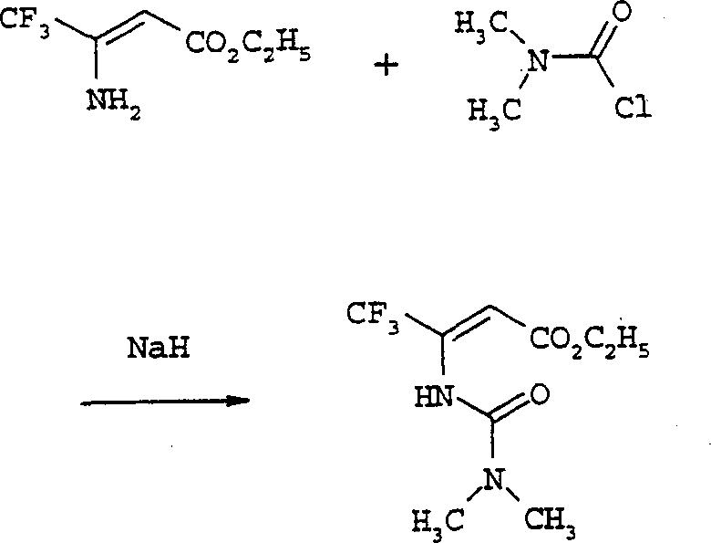Reaction scheme showing the formation of urea intermediate from beta-amino-acrylate and carbamoyl chloride