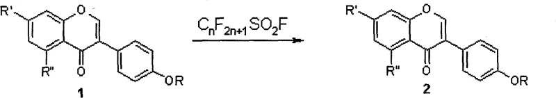 General reaction scheme showing the conversion of hydroxyisoflavone to perfluoroalkylsulfonyl isoflavone using perfluoroalkylsulfonyl fluoride