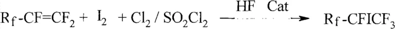 Reaction scheme showing the synthesis of single iodo perfluoro alkane from perfluoroolefin, iodine, and chlorine using HF and a catalyst