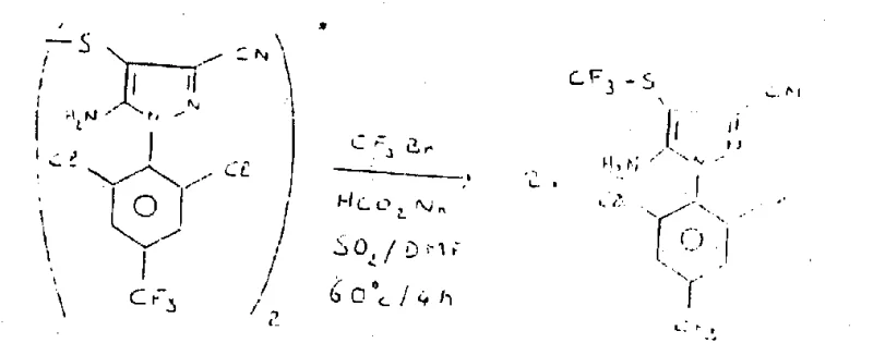 Reaction scheme showing the conversion of pyrazole disulfide to trifluoromethyl thioether using CF3Br and formate/SO2