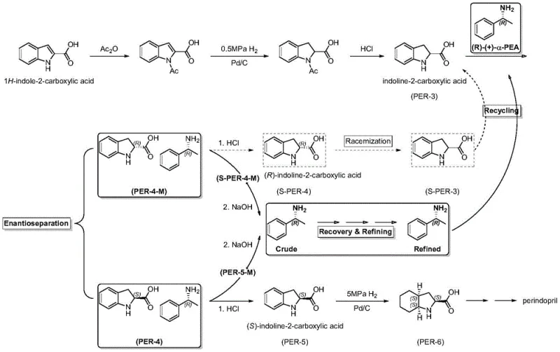 Synthetic route of perindopril intermediate showing the resolution step using (R)-(+)-alpha-phenylethylamine