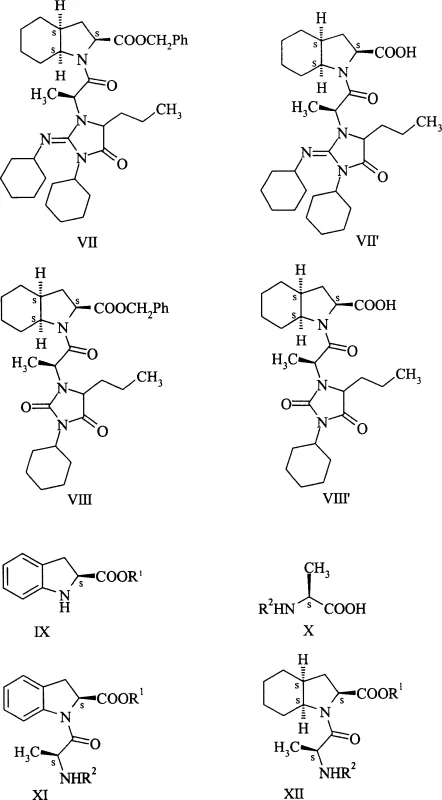 Chemical structures of DCC-derived impurities (VII, VIII) and alternative intermediates (IX-XII) highlighting the contamination challenges in conventional perindopril synthesis