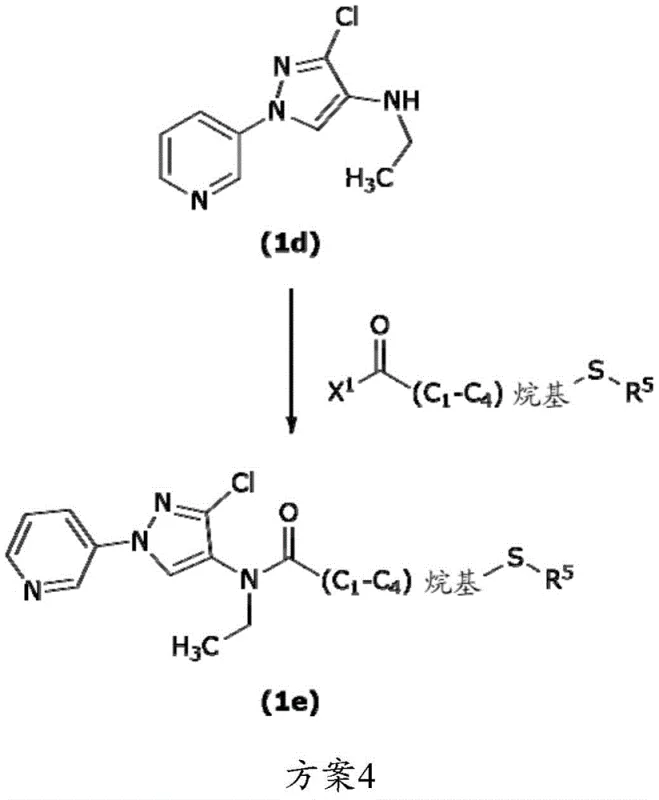 Scheme 4 showing the final acylation step to produce pesticidal thioether 1e from amine 1d