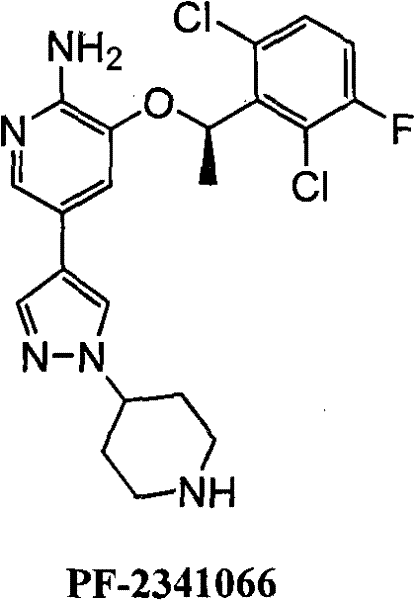 Chemical structure of c-Met inhibitor PF-2341066 showing the dichlorofluorophenyl and pyrazole-piperidine moieties