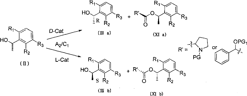 Reaction scheme showing the kinetic resolution of racemic phenylethanol using chiral catalysts to produce enantiopure intermediate III