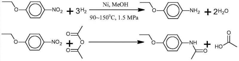 Reaction scheme showing the reduction of p-Nitrophenetole to p-Phenetidine followed by acetylation to Phenacetin