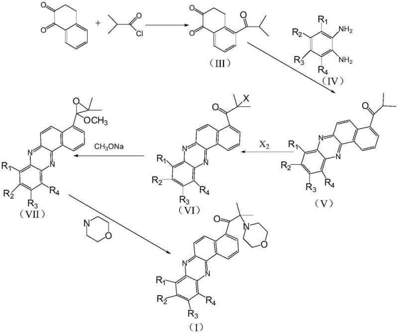 Overall synthetic route for phenazine derivative photoinitiator showing five key transformation steps