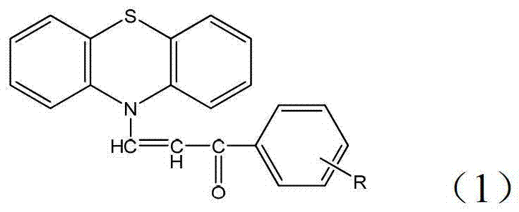 General chemical structure of 1-substituted phenyl-3-(N-phenothiazinyl)prop-2-en-1-one derivatives showing variable R groups