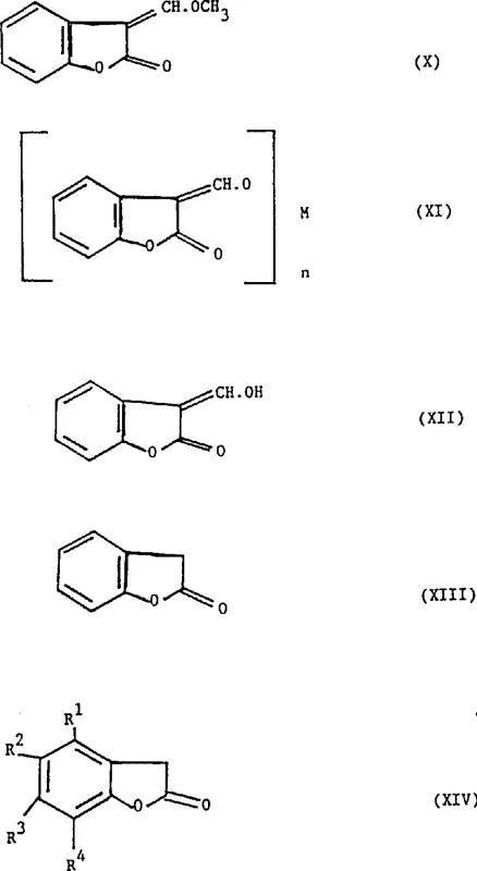 Core chemical structures of benzofuranone intermediates showing formula X to XIV