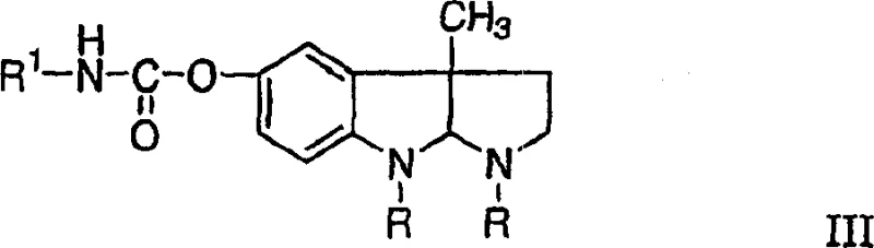 Chemical structure of Formula III representing phenserine and its analogs with variable R and R1 groups