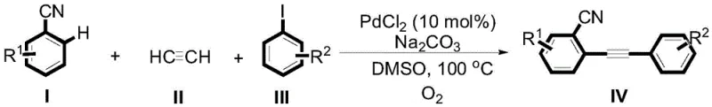 General reaction scheme for palladium-catalyzed synthesis of phenyl-2-(2'-cyanophenyl)acetylene compounds using PdCl2, Na2CO3, and DMSO under oxygen