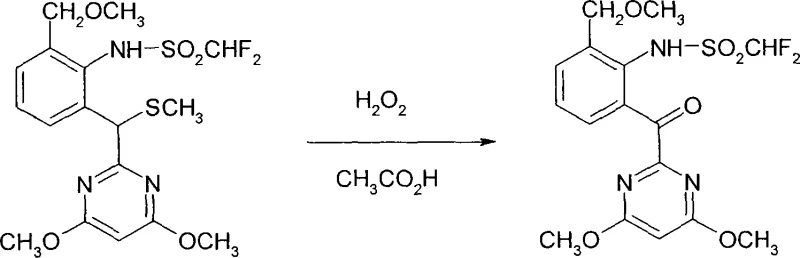 Core reaction scheme showing oxidation of sulfide to ketone using H2O2 and acetic acid