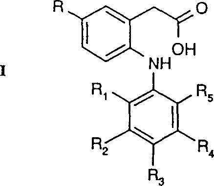General Formula I structure of 2-phenylamino-5-alkylphenylacetic acid derivatives