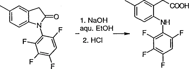 Example of hydrolysis converting Formula II lactam to Formula I phenylacetic acid