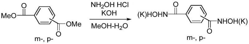 Reaction scheme showing the conversion of phthalate esters to benzene-dicarboxhydroxamic acid salts using hydroxylamine hydrochloride and potassium hydroxide