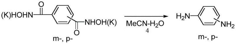 Rearrangement reaction converting benzene-dicarboxhydroxamic acid salts into phenylenediamine derivatives in acetonitrile-water solvent