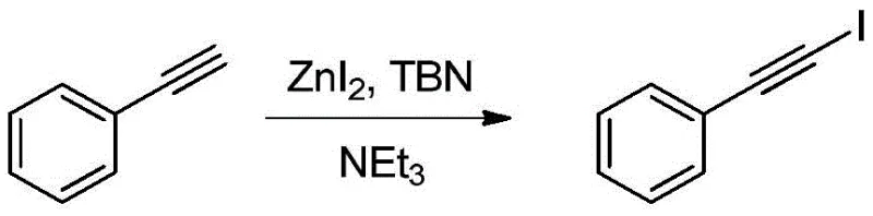 General reaction scheme showing phenylacetylene conversion to phenylethynyl iodide using ZnI2 and TBN