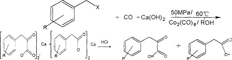 Reaction scheme showing catalytic dioxonation of benzyl halide to phenylpyruvic acid using cobalt catalyst