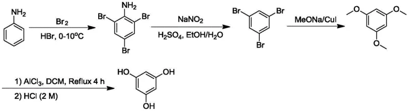Conventional multi-step synthesis of phloroglucinol starting from aniline