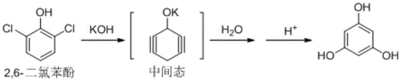 Reaction mechanism showing the conversion of 2,6-dichlorophenol to phloroglucinol via base catalysis