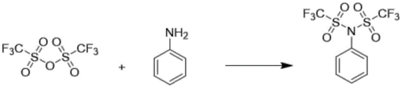 Conventional synthesis route using trifluoromethanesulfonic anhydride and aniline showing waste generation