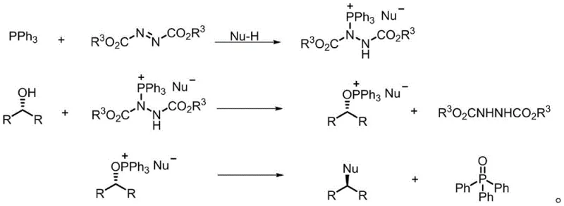 Traditional Mitsunobu reaction mechanism showing stoichiometric waste generation