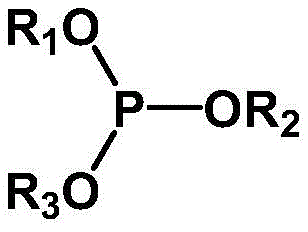 General structural formula of phosphite antioxidants showing the central phosphorus atom bonded to three oxygen-substituted groups
