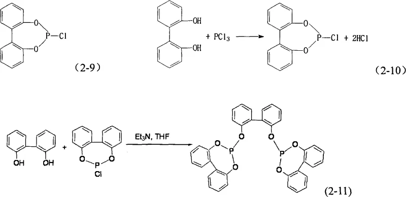 Synthesis pathway showing the conversion of phenols to chloro phosphite esters and subsequent reaction to form bis-phosphites