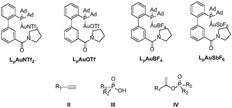 Structures of bifunctional gold catalysts including LpAuNTf2 used for mild hydrophosphorylation
