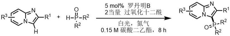 General reaction scheme for visible light catalyzed phosphonylation of imidazopyridines using Rhodamine B