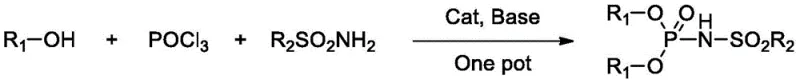 One-pot synthesis reaction scheme showing POCl3 reacting with phenol and sulfonamide