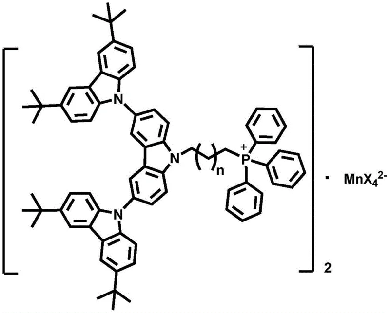 General structural formula of the phosphorescent manganese complex showing the dendritic carbazole cation and manganese tetrahalide anion