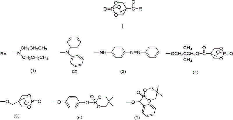 General chemical structure of Formula I showing the caged phosphate core and variable R groups for flame retardant derivatives