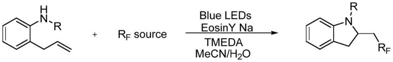 General reaction scheme for photocatalytic synthesis of fluoroalkyl indolines using 2-allylaniline and RF source