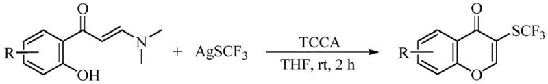 Conventional synthesis using AgSCF3 and TCCA showing poor atom economy