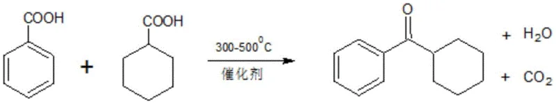 Reaction scheme showing the high-temperature catalytic ketonization of benzoic acid and cyclohexanecarboxylic acid to form cyclohexyl phenyl ketone