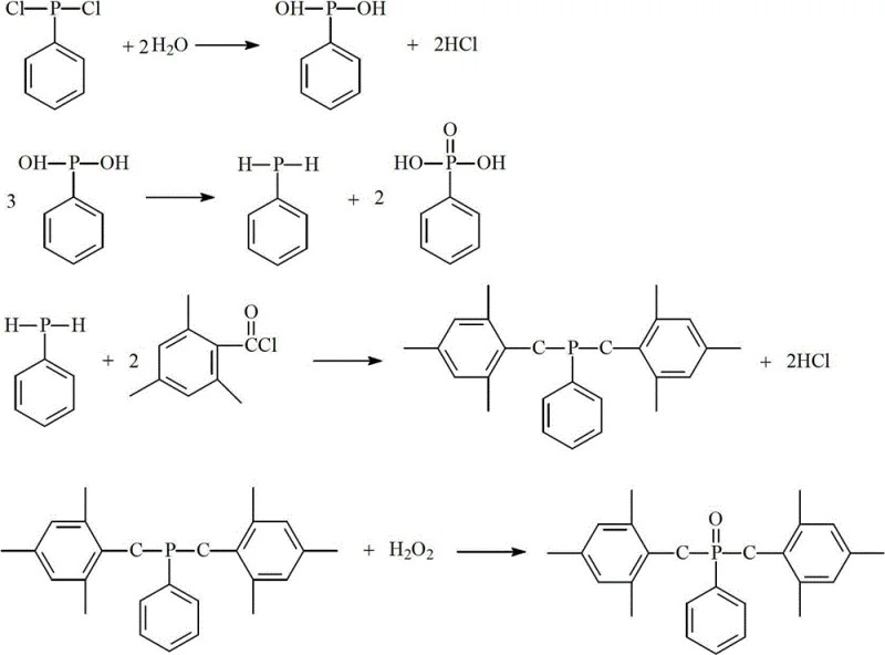Reaction mechanism showing hydrolysis of phenylphosphine dichloride to phenylphosphine, followed by acylation and oxidation to Photoinitiator 819