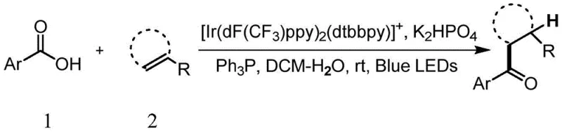 General reaction scheme showing decarboxylative coupling of aromatic acid and olefin to form aryl ketone