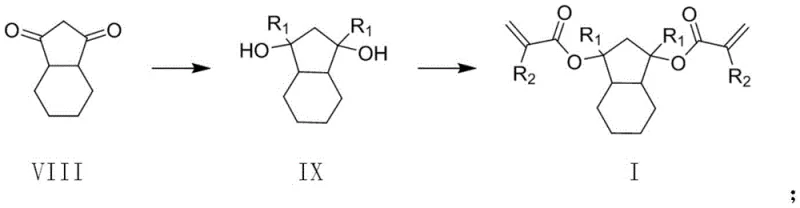 General reaction route showing conversion from diketone VIII to diol IX and finally to monomer I