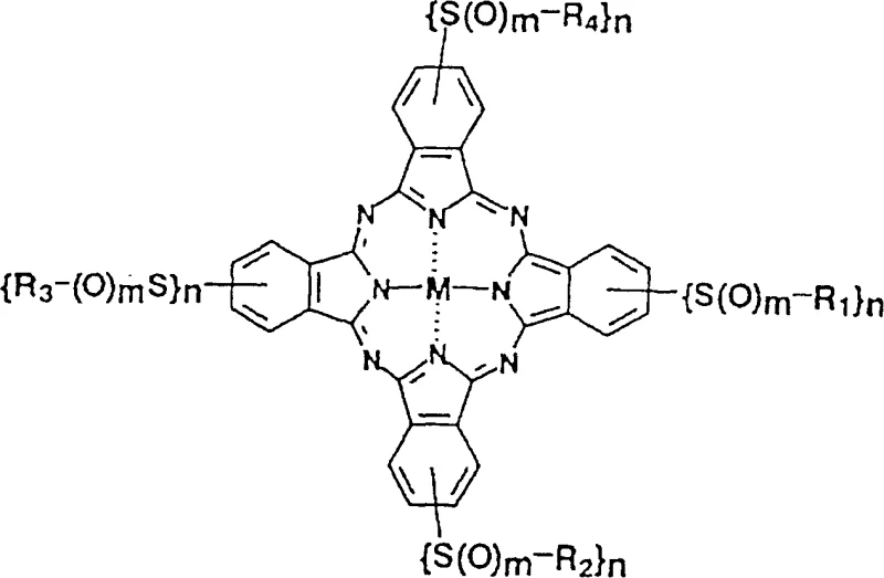 General Formula I of the novel phthalocyanine compound showing variable substituents R1-R4 and central metal M