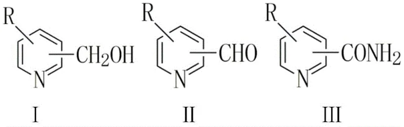 General reaction scheme showing the conversion of pyridinemethanol (I) or pyridinecarboxaldehyde (II) to picolinamide (III) using V-N-C catalysis