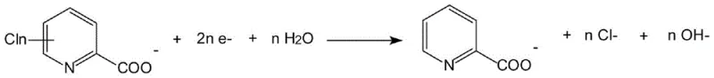 Cathode reaction mechanism showing electron transfer and dechlorination