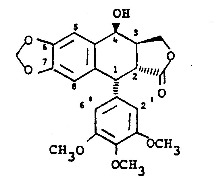 Chemical structures comparing Picropodophyllin (I) and Podophyllotoxin (II) highlighting the epimeric difference
