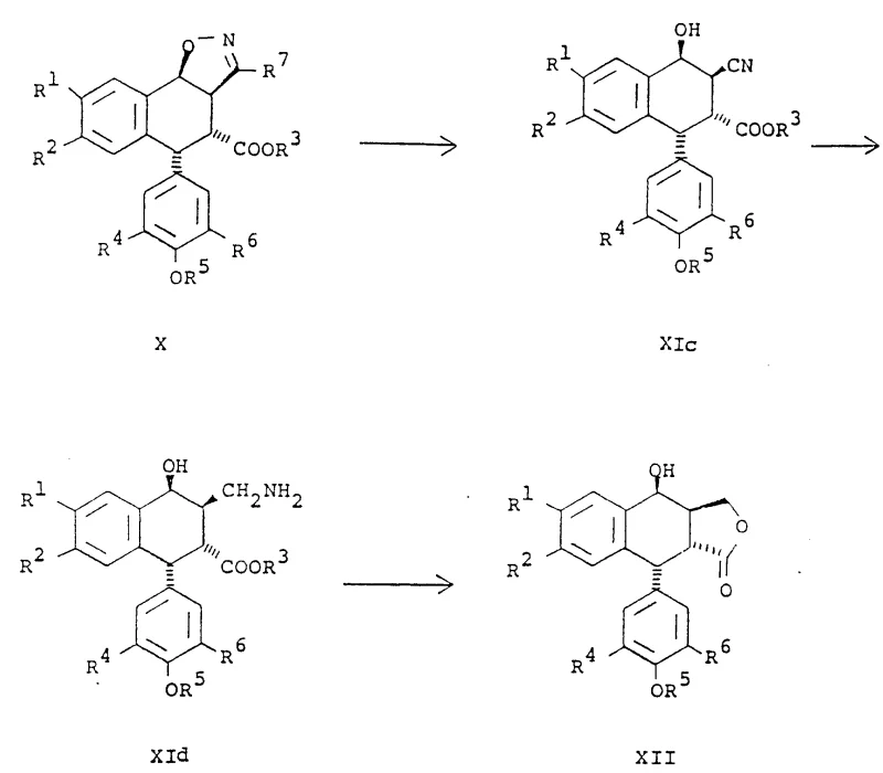 Overall synthetic pathway converting cis-alkene IX to lactone XII via isoxazole intermediate X