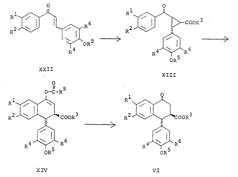 Reaction scheme showing the improved cyclization of cyclopropyl ketone XIII to aryl tetralone VI via enol acetate XIV
