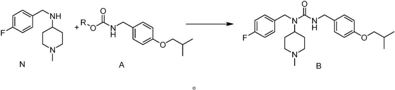 Coupling reaction of Carbamate A with Amine N to form Pimavanserin Base B