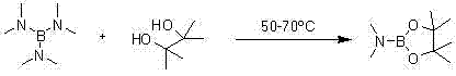 Reaction scheme showing the solvent-free synthesis of PinB(DMA) from B(NMe2)3 and pinacol at 50-70C