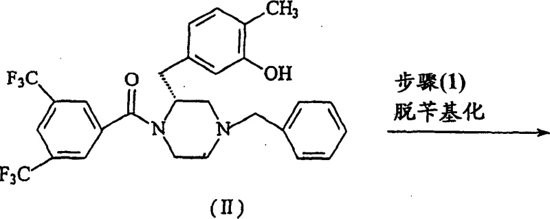 Reaction scheme showing Step 1 Debenzylation of Compound II to Compound III