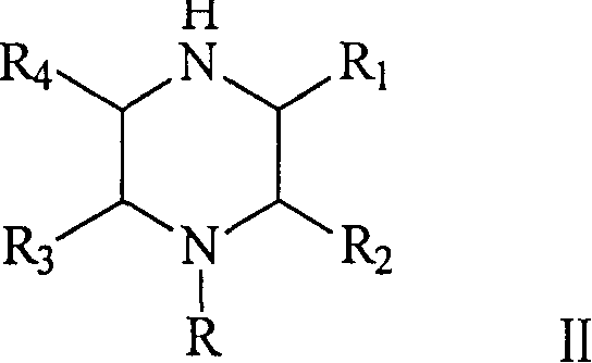 General reaction scheme showing the cyclization of N-beta-hydroxyethylethylenediamine (Formula I) to piperazine derivatives (Formula II) under hydrogen atmosphere