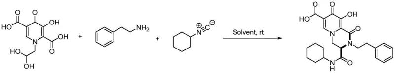 One-pot synthesis reaction scheme showing the conversion of dihydropyridone dicarboxylic acid, amine, and isonitrile into piperazinone-hydroxypyridone derivatives